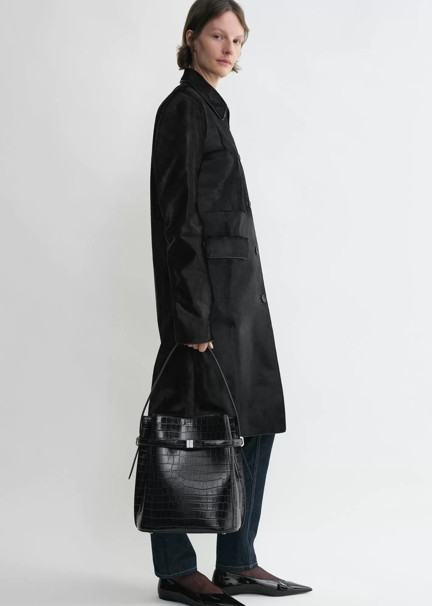 Belted Bucket Bags>TOTEME Belted croco-embossed bucket bag black