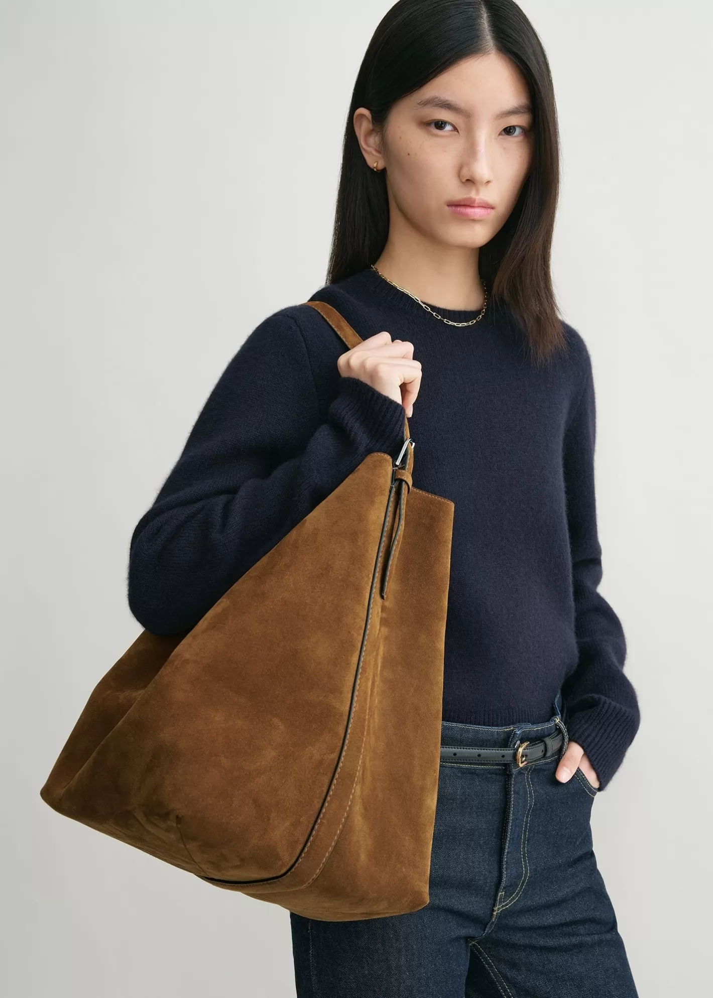 Belted Tote Bags>TOTEME Belted suede tote Tan