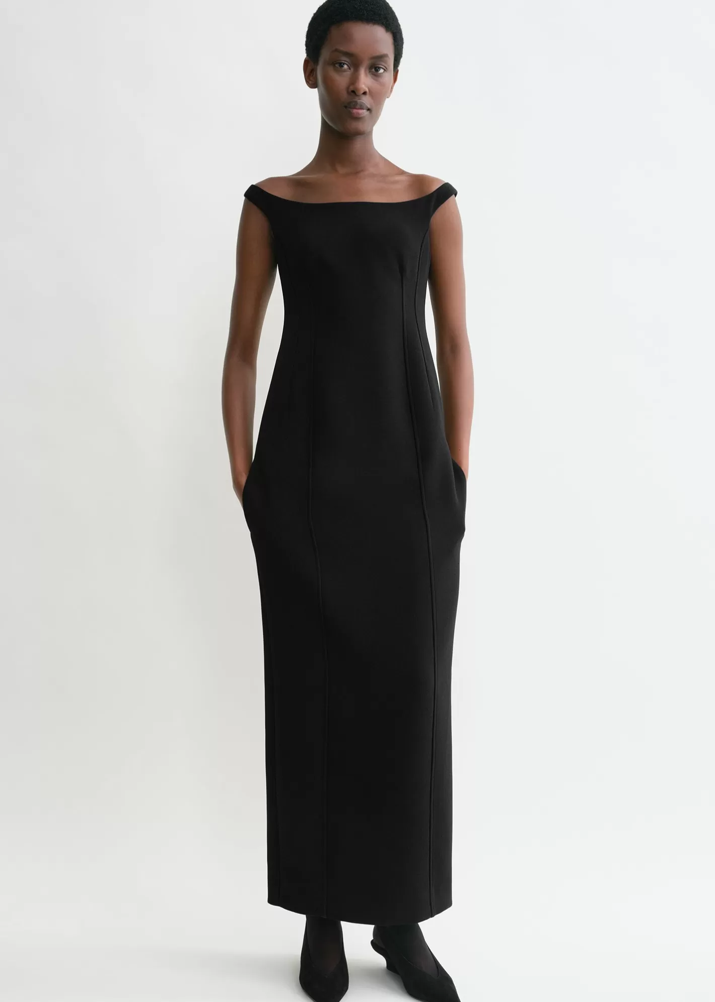 Dresses & Skirts>TOTEME Curved off-shoulder dress black