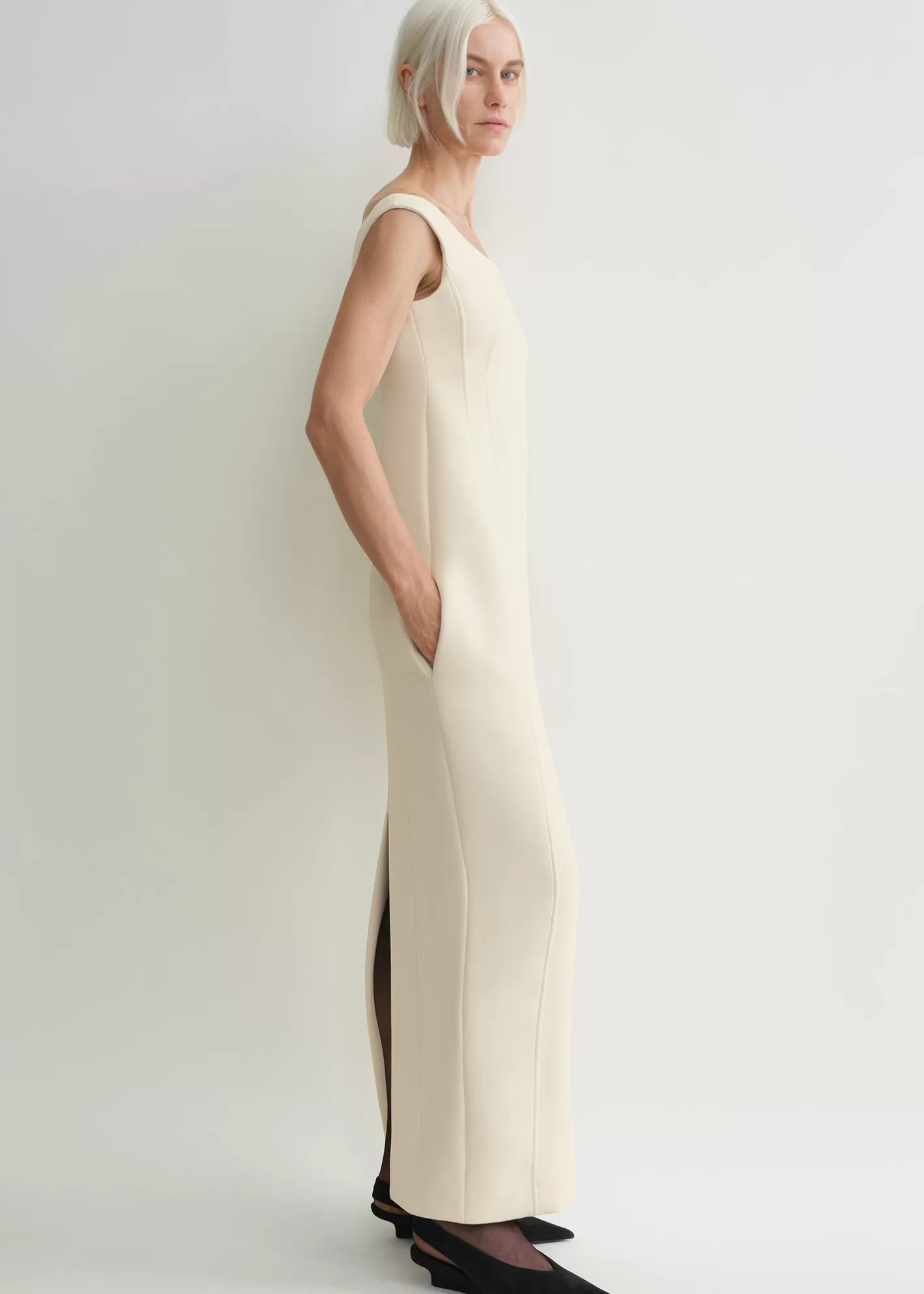 Dresses & Skirts>TOTEME Curved off-shoulder dress eggnog