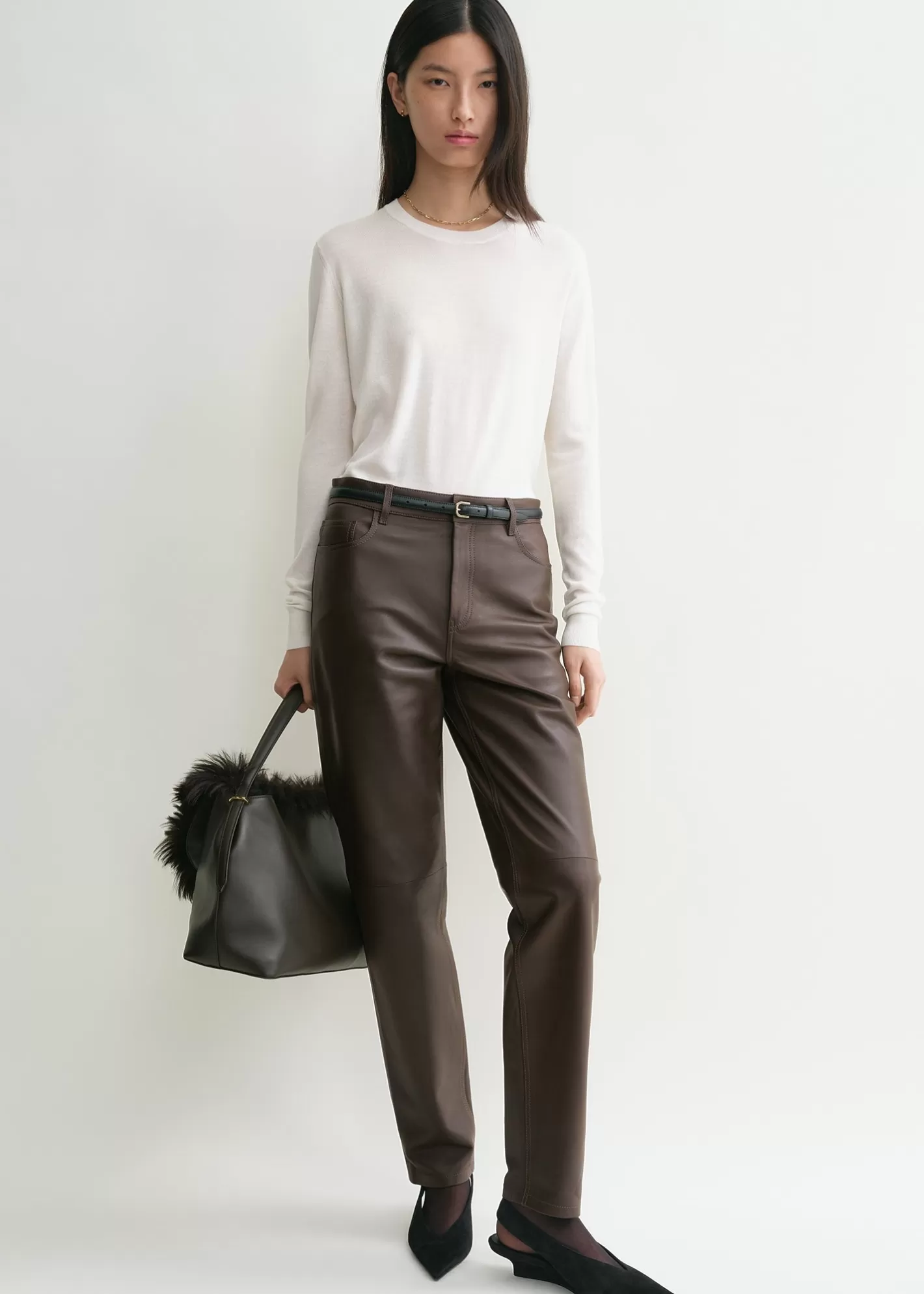 Trousers & Shorts>TOTEME Five-pocket leather trousers bark