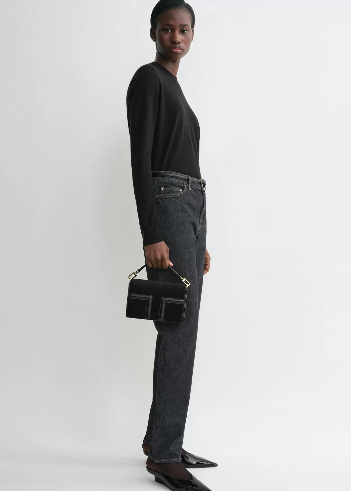 T-flap Bags>TOTEME Mini T-flap pony hair bag black