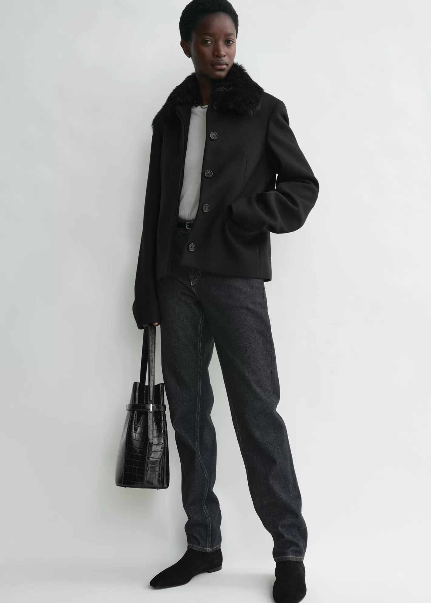 Outerwear>TOTEME Shearling collar jacket black