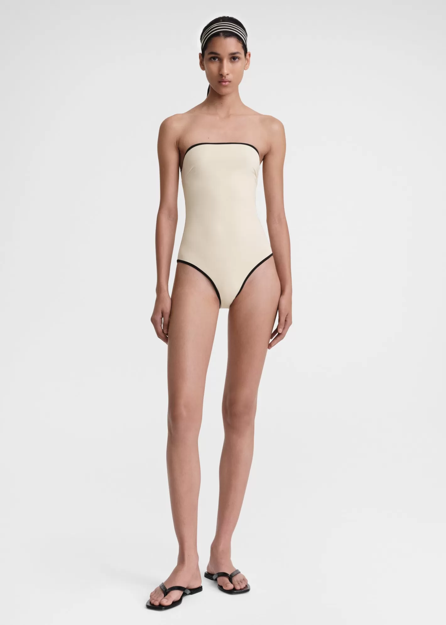 Swim>TOTEME Stripe edge strapless swimsuit light hay Lighthay