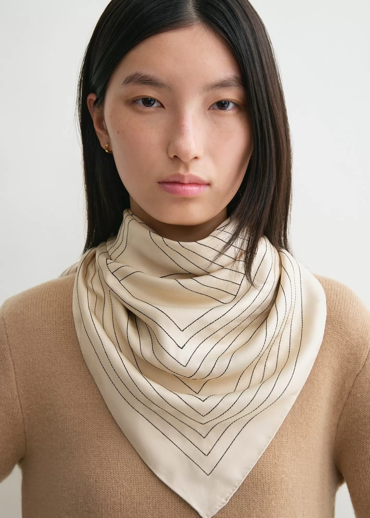 Scarves>TOTEME Striped embroidered monogram silk scarf Creme