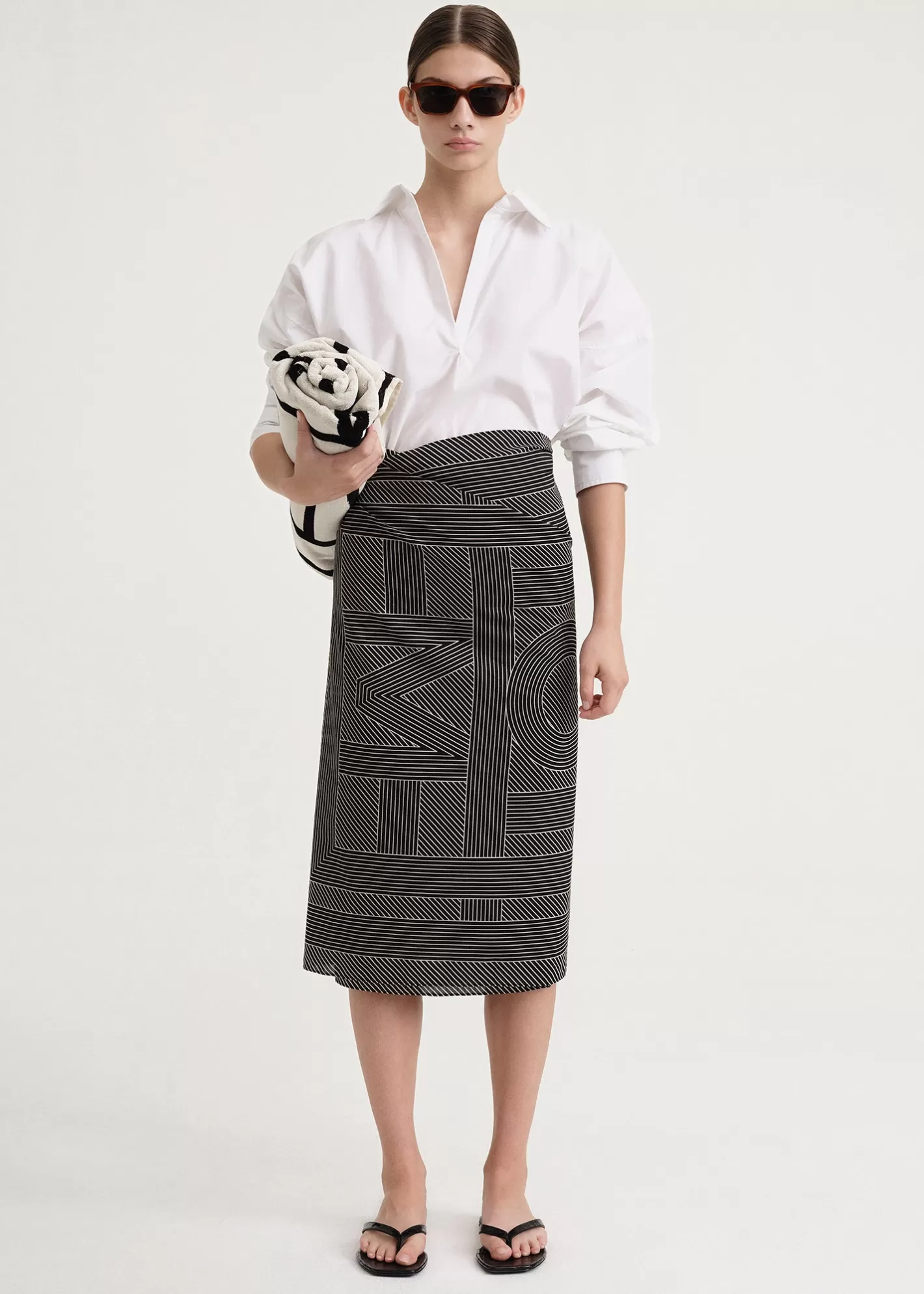 Scarves>TOTEME Striped monogram cotton silk sarong Black