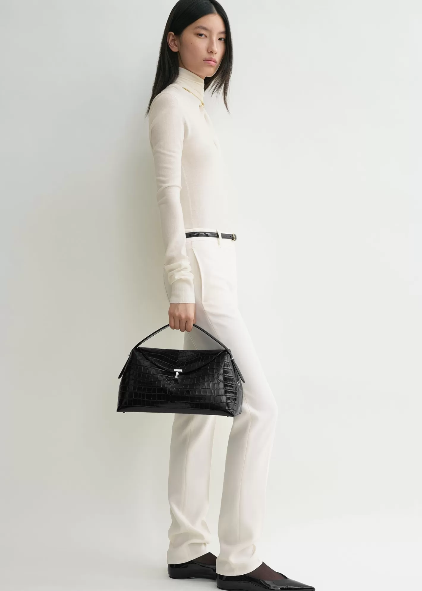 T-lock Bags>TOTEME T-lock croco-embossed top handle Black