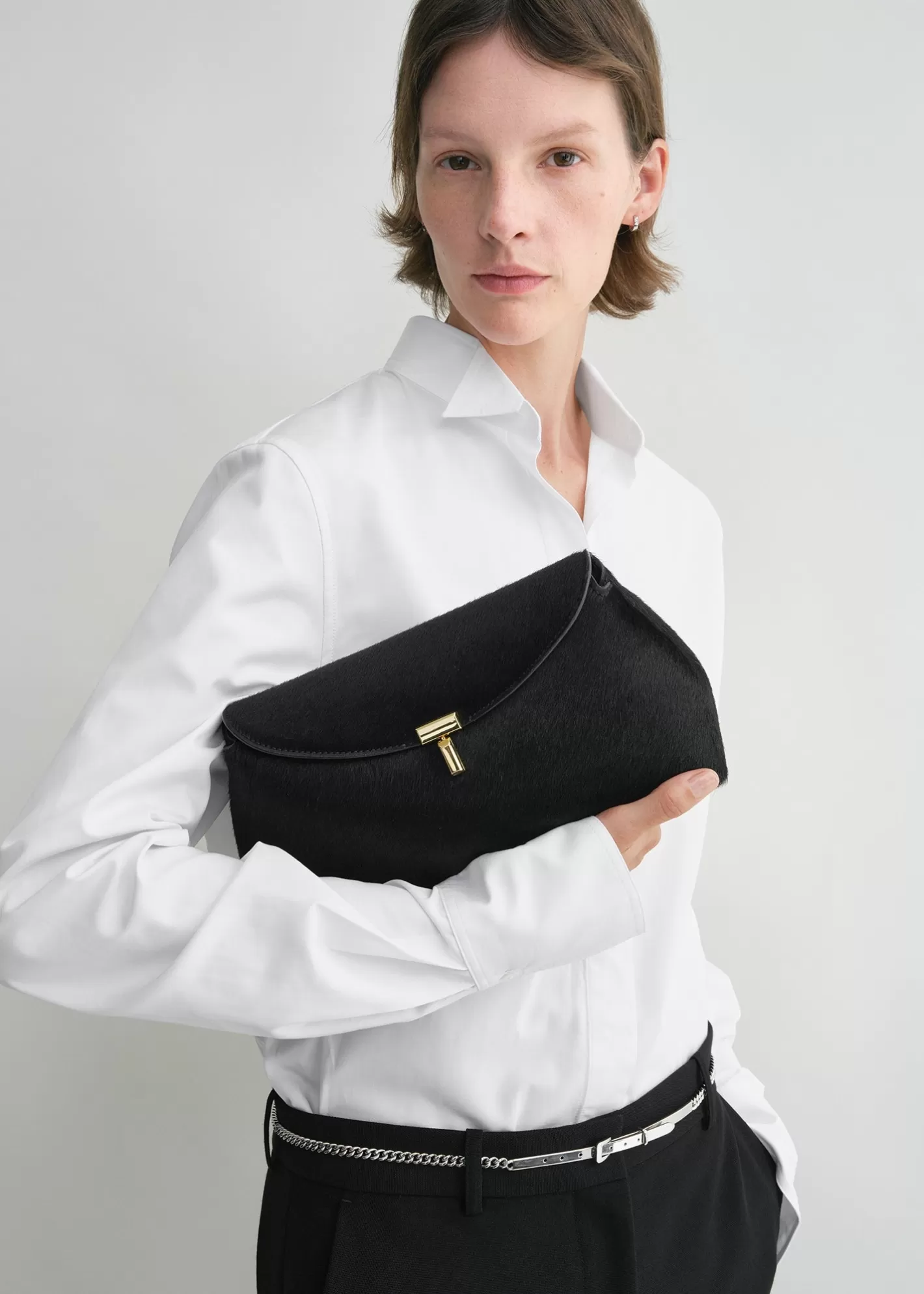 T-lock Bags>TOTEME T-Lock pony hair clutch black