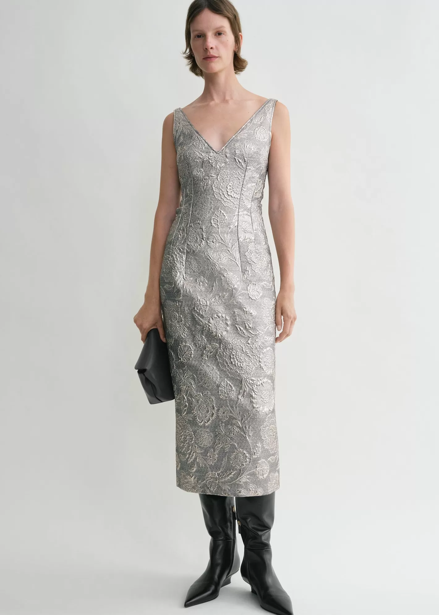 Dresses & Skirts>TOTEME V-neck brocade dress silver