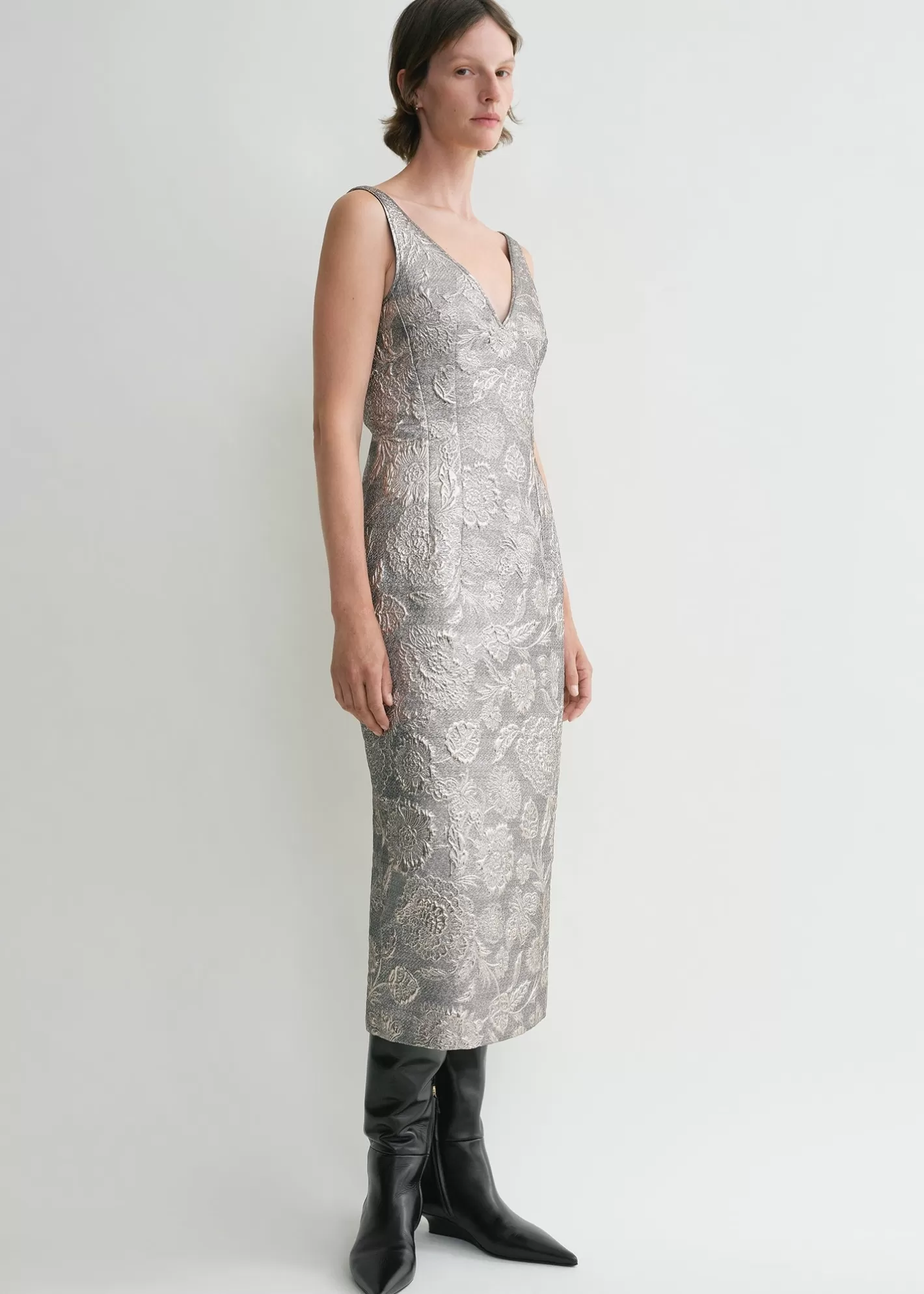 Dresses & Skirts>TOTEME V-neck brocade dress silver